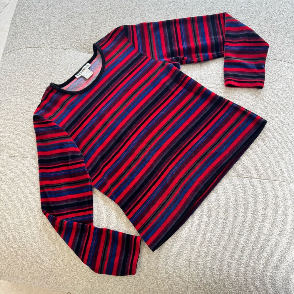 Vintage 90s Scenario Striped Long Sleeve Tee – Red/Blue/Black – Size L